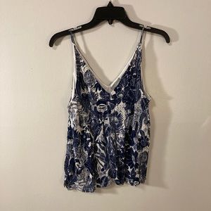 H&M Blue and White Floral Print V-Neck Tank size Small